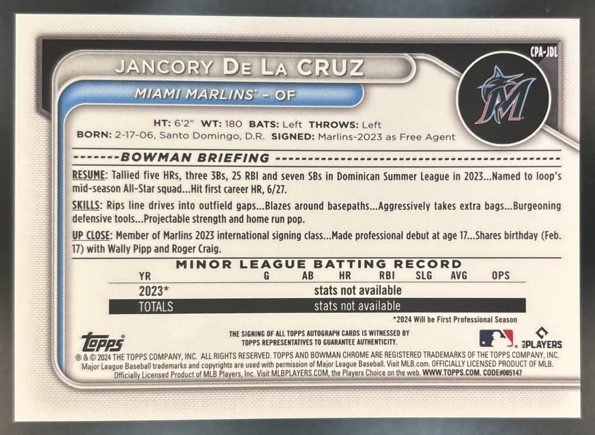 2024 Bowman Chrome Jancory De La Cruz Auto Blue /150 1st Prospect Miami Marlins