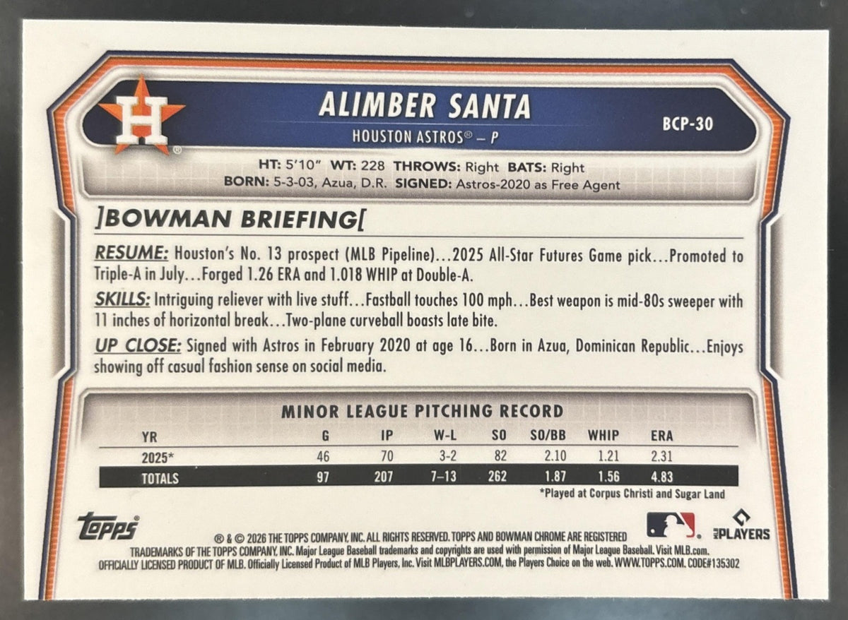 2026 Bowman Alimber Santa Chrome League Logofractor #BCP-30 1st Prospect Astros