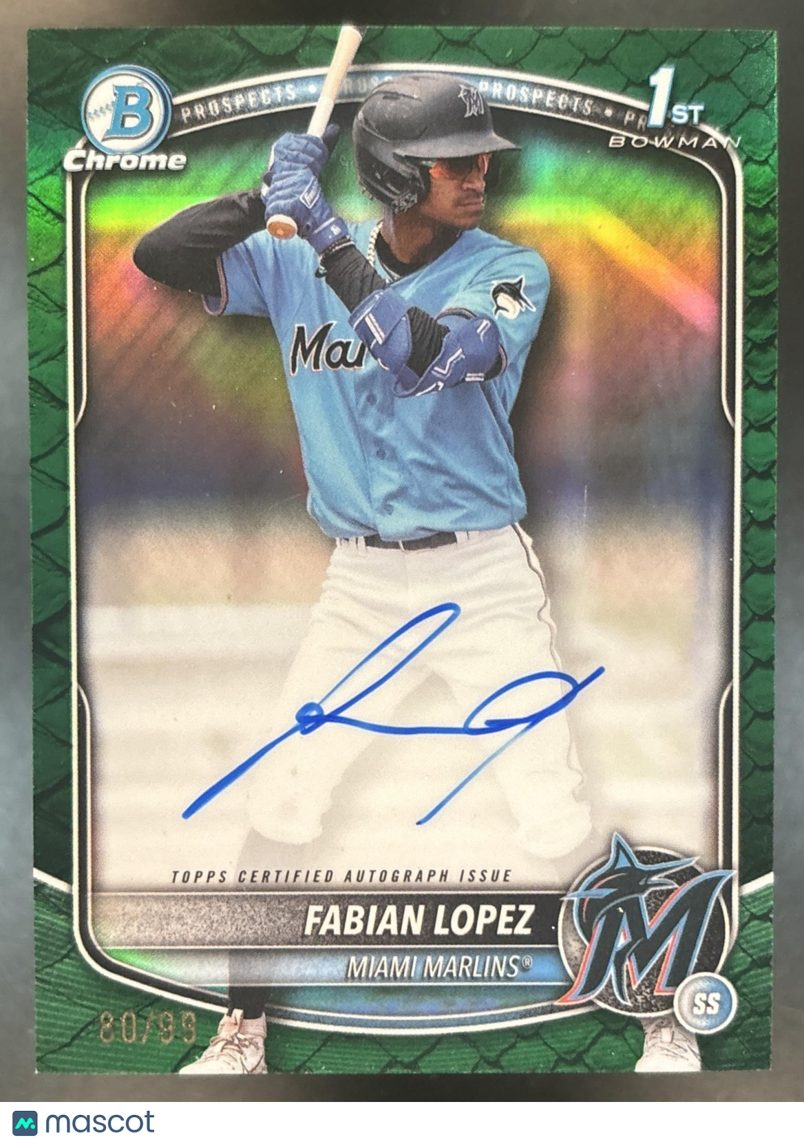 2025 Bowman Fabian Lopez Chrome Auto Reptilian Green /99 1st Prospect