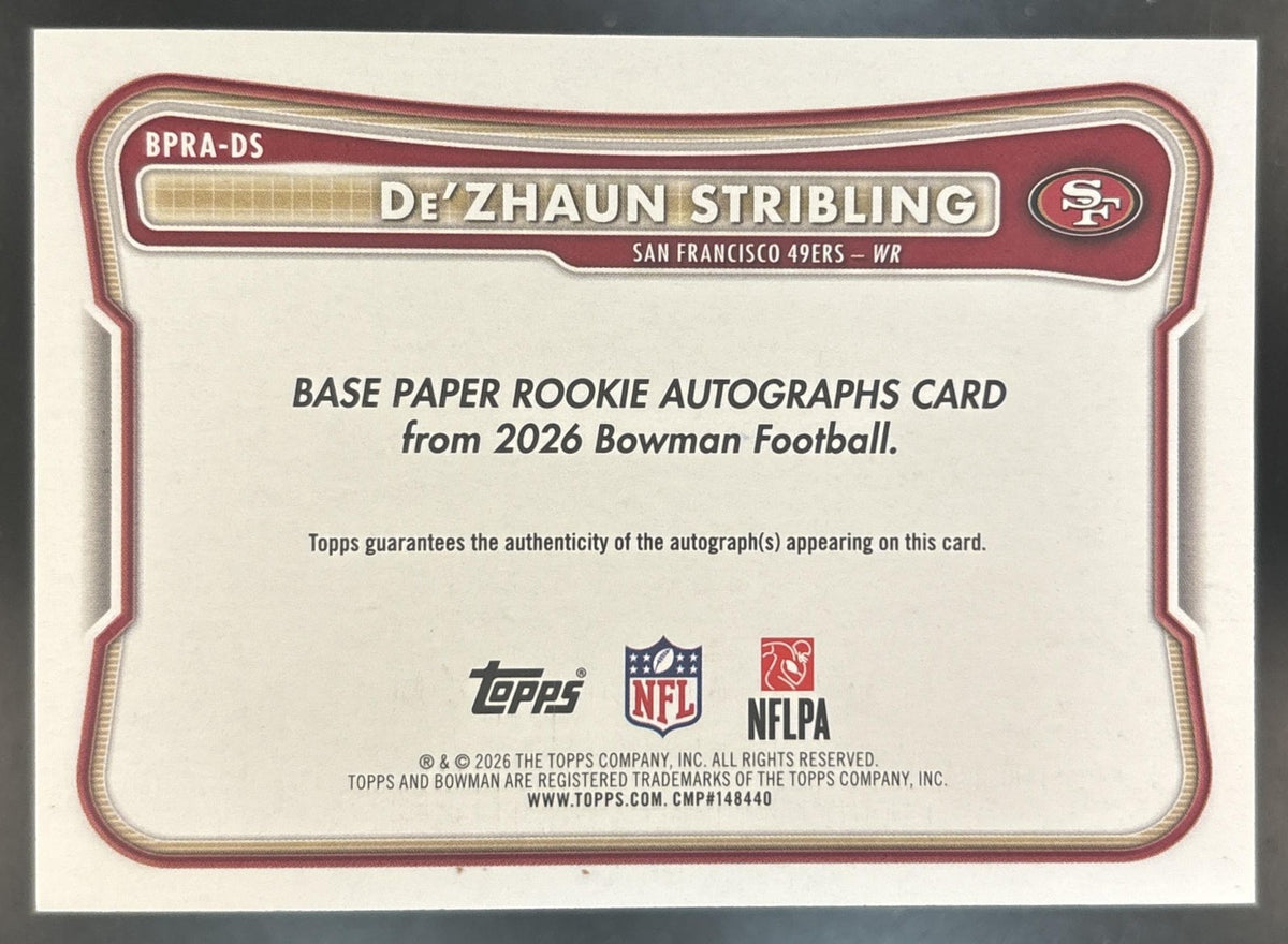 2026 Bowman De'Zhaun Stribling Paper Auto Gold /50 RC San Francisco 49ers