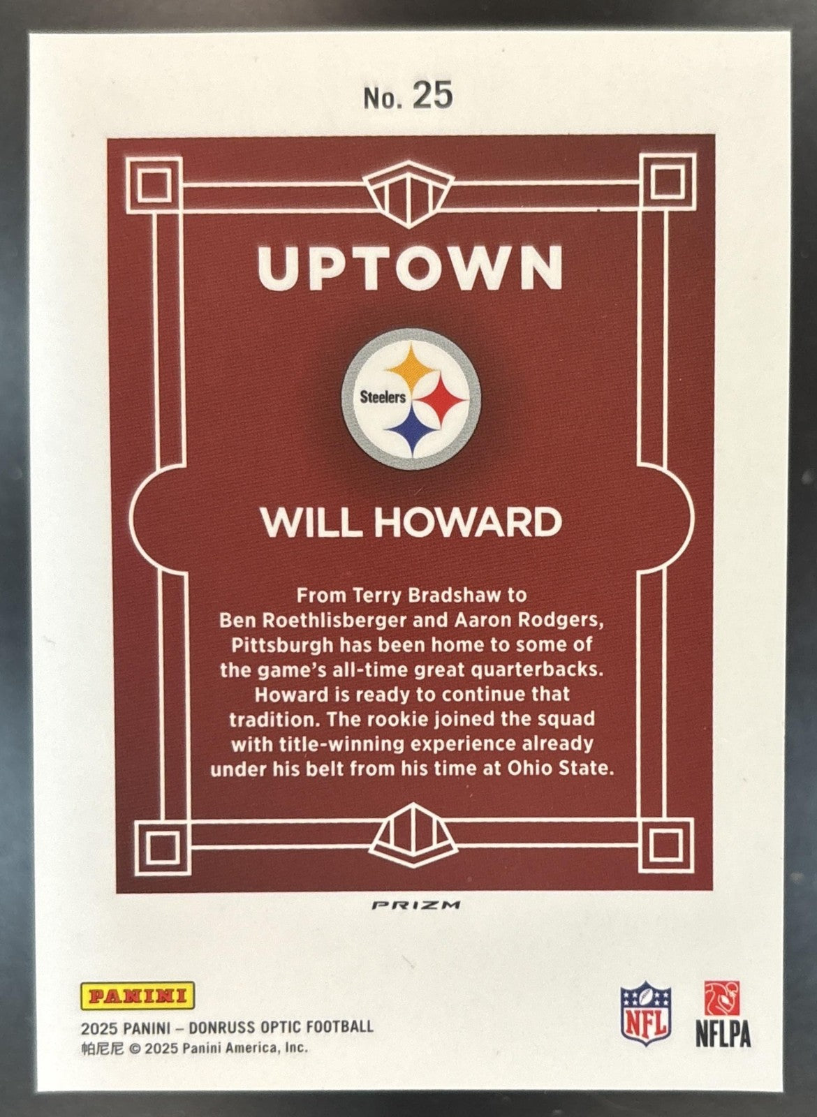 2025 Panini Donruss Optic Will Howard Uptown #25 RC SSP Pittsburgh Steelers
