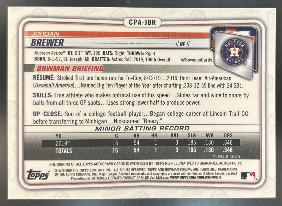 2020 Bowman Chrome Jordan Brewer Auto Green Atomic /99 1st Prospect Astros
