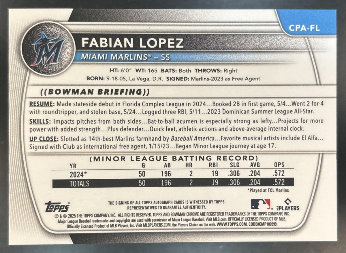 2025 Bowman Fabian Lopez Chrome Auto Mini Diamond /100 1st Prospect Marlins