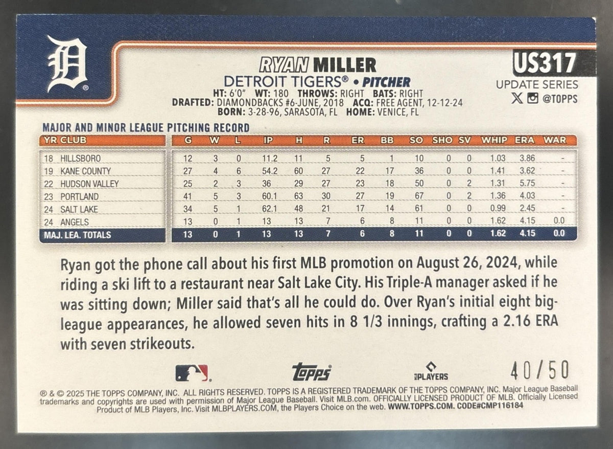 2025 Topps Update Ryan Miller Gold Diamante Foil 40/50 #US317 RC Detroit Tigers