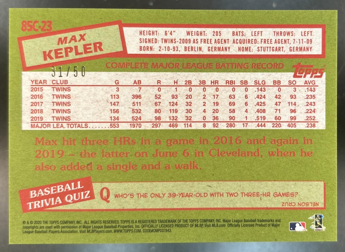 2020 Topps Max Kepler 1985 Chrome Silver Pack Promotion Gold /50 Twins