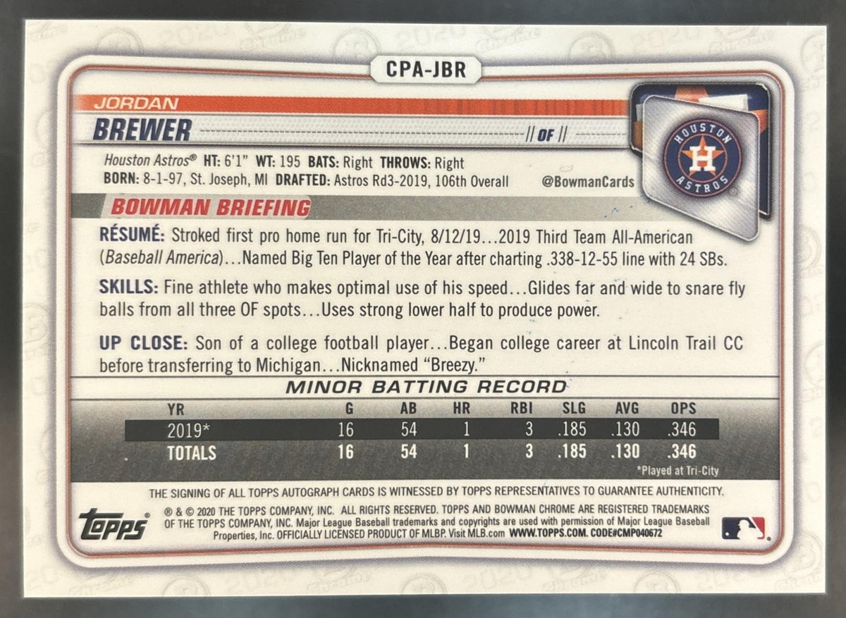 2020 Bowman Chrome Jordan Brewer Auto Gold /50 1st Prospect Houston Astros