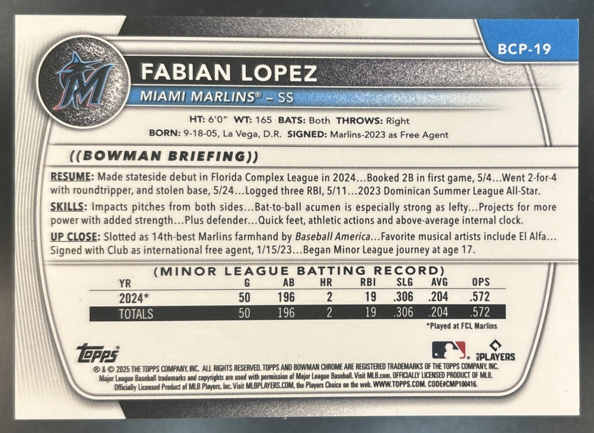2025 Bowman Fabian Lopez Chrome Gold Shimmer /50 #BCP-19 1st Prospect Marlins
