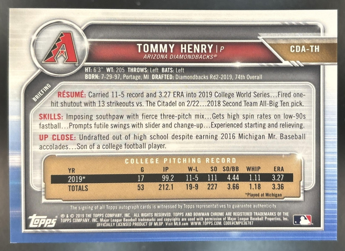 2019 Bowman Draft Tommy Henry Chrome Pick Auto Purple /250 1st Prospect