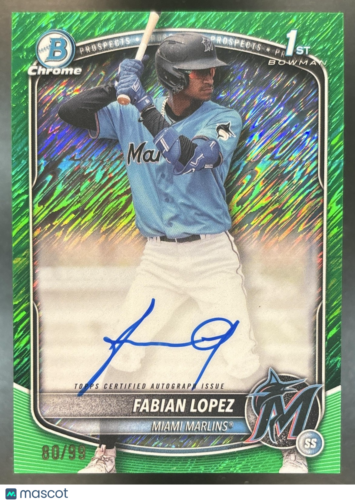 2025 Bowman Fabian Lopez Chrome Auto Green Shimmer /99 1st Prospect Marlins