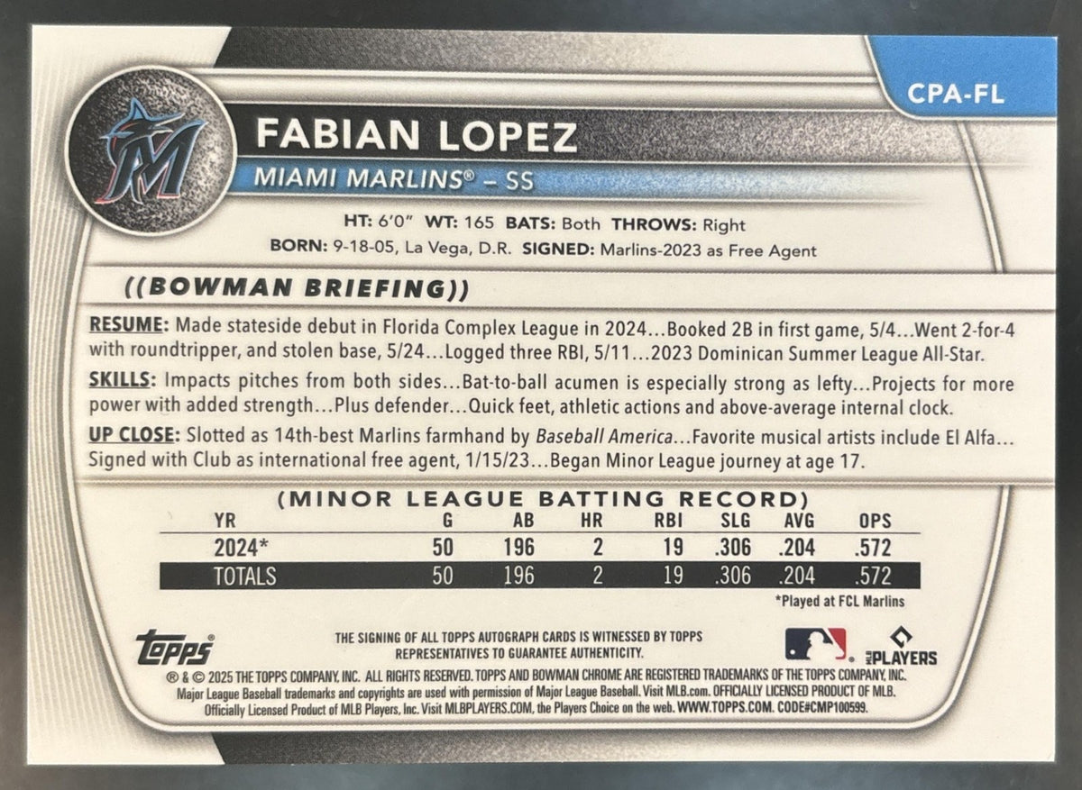 2025 Bowman Fabian Lopez Chrome Auto Green Shimmer /99 1st Prospect Marlins