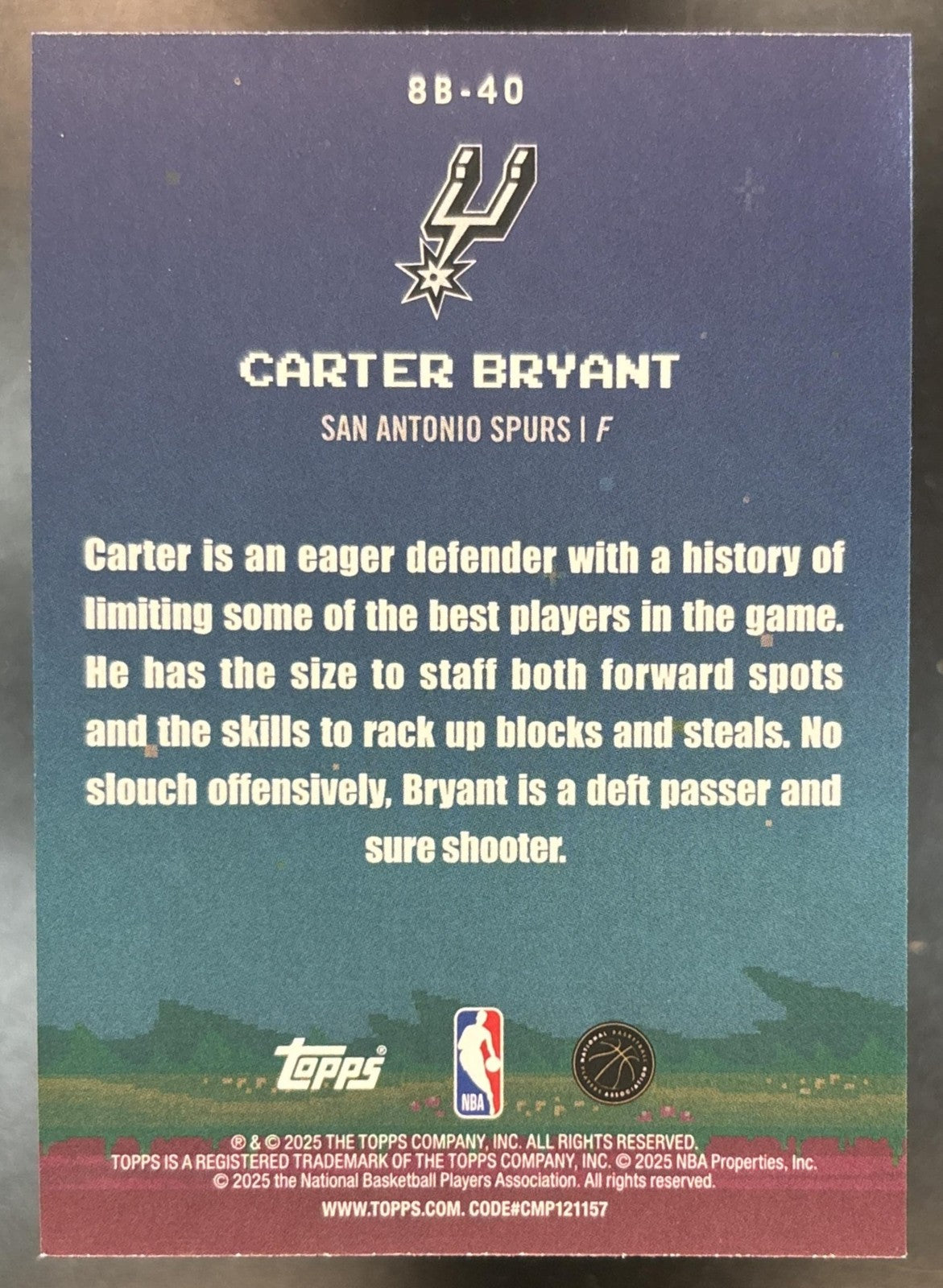 2025-26 Topps Carter Bryant 8-Bit Ballers Blue Holo /150 RC San Antonio Spurs