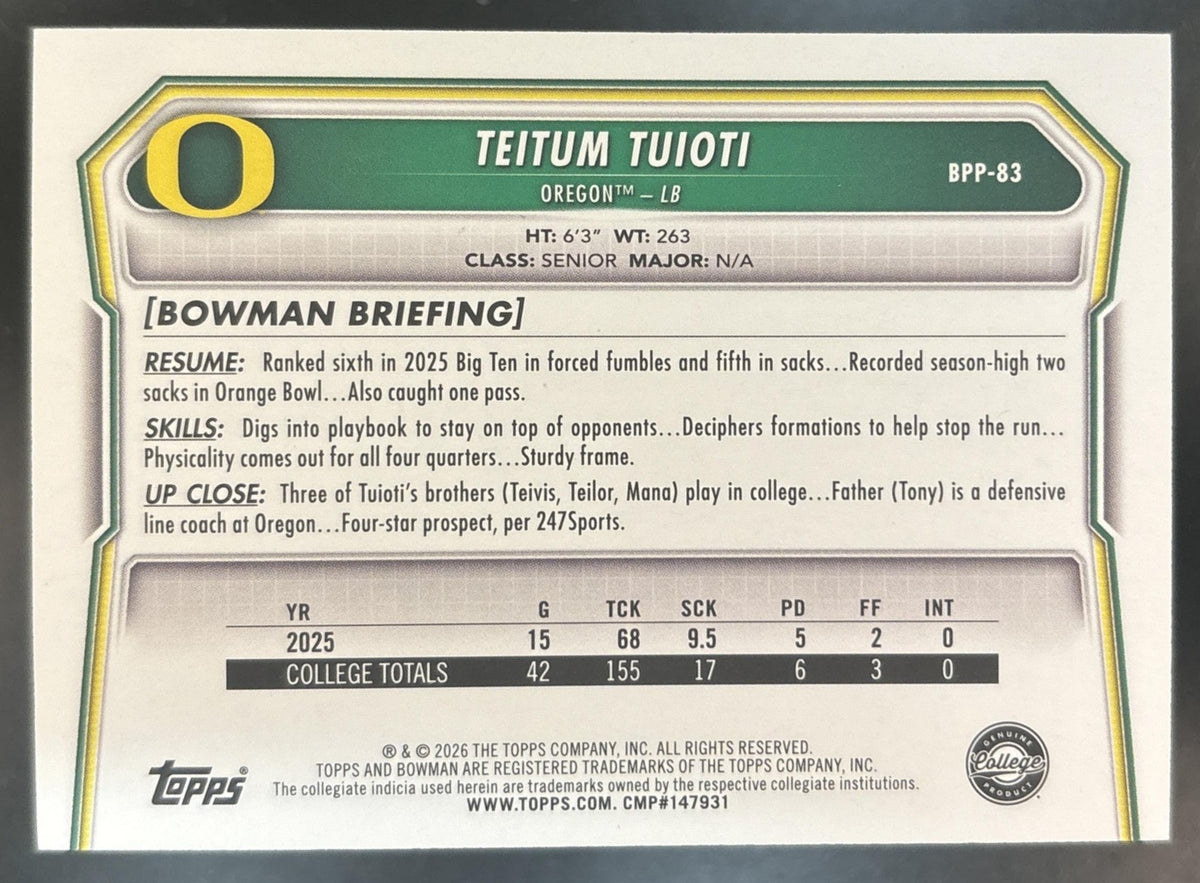 2026 Bowman Teitum Tuioti Paper Gold /50 #BPP-83 1st Prospect Oregon Ducks