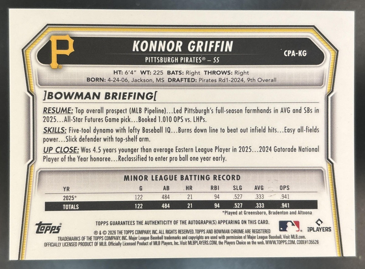 2026 Bowman Konnor Griffin Chrome Prospect Auto Green Lava /99 Pirates