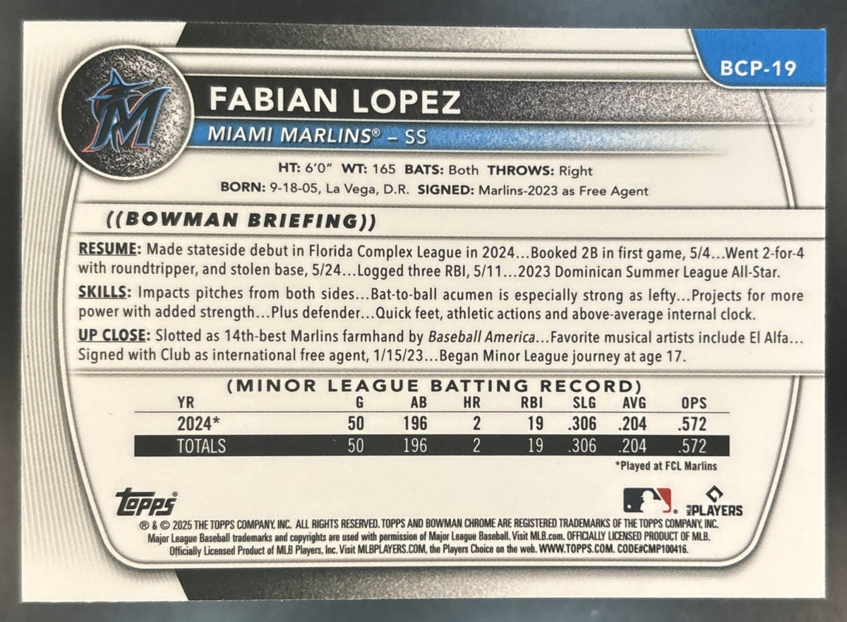 2025 Bowman Fabian Lopez Chrome Green /99 #BCP-19 1st Prospect Miami