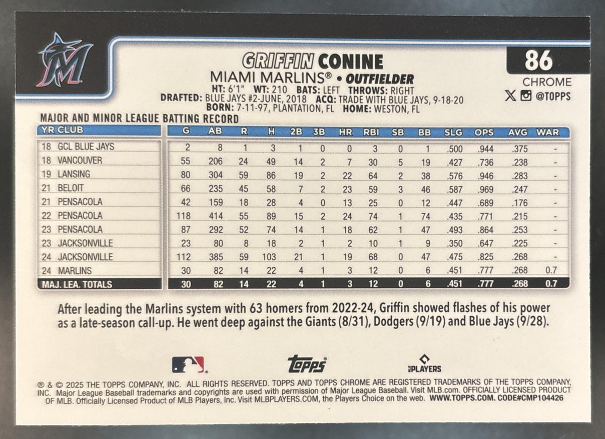 2025 Topps Chrome Griffin Conine Blue Refractor /150 #86 RC Miami Marlins