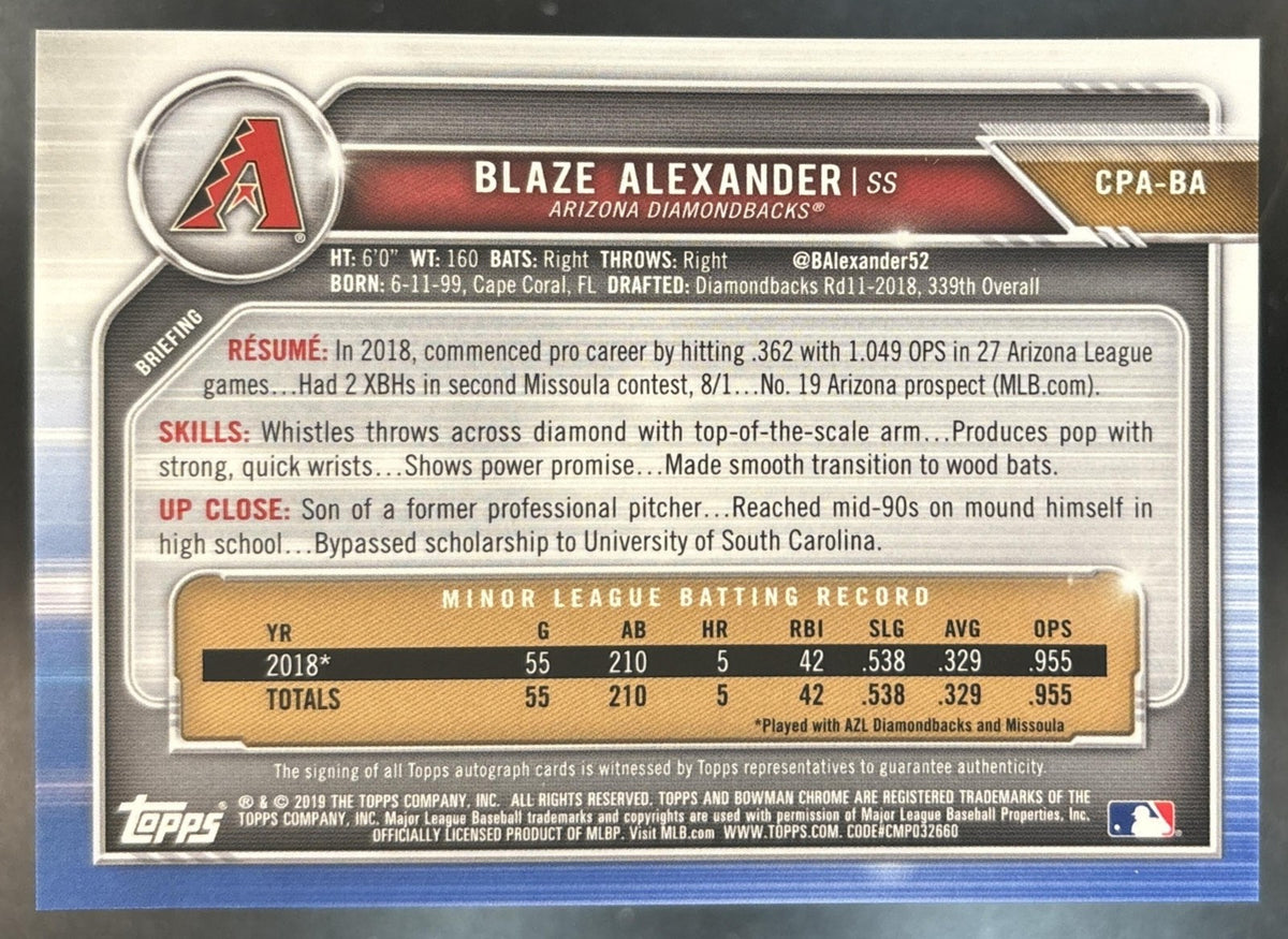 2019 Bowman Blaze Alexander Chrome Auto #CPA-BA 1st Prospect