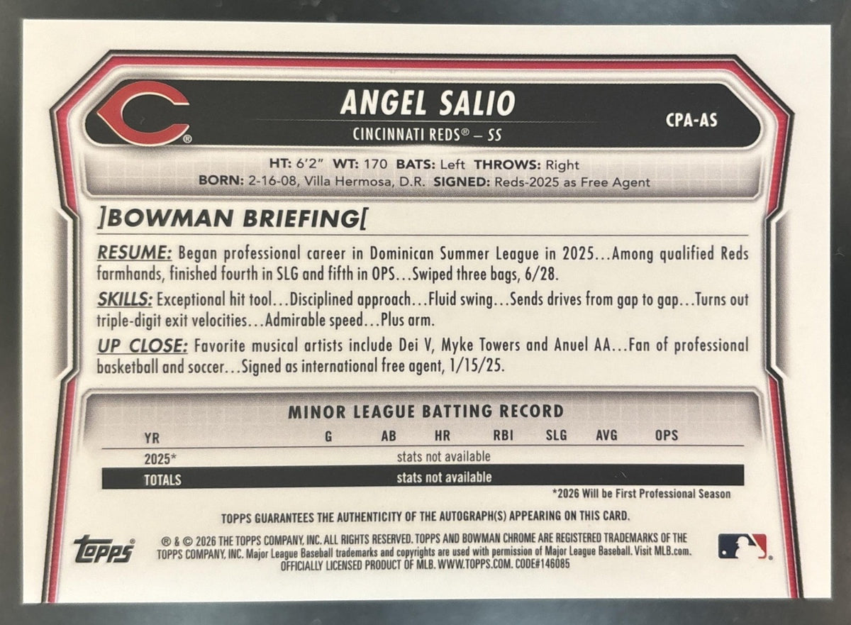 2026 Bowman Chrome Mega Box Angel Salio Auto Mojo 1st Prospect Cincinnati Reds