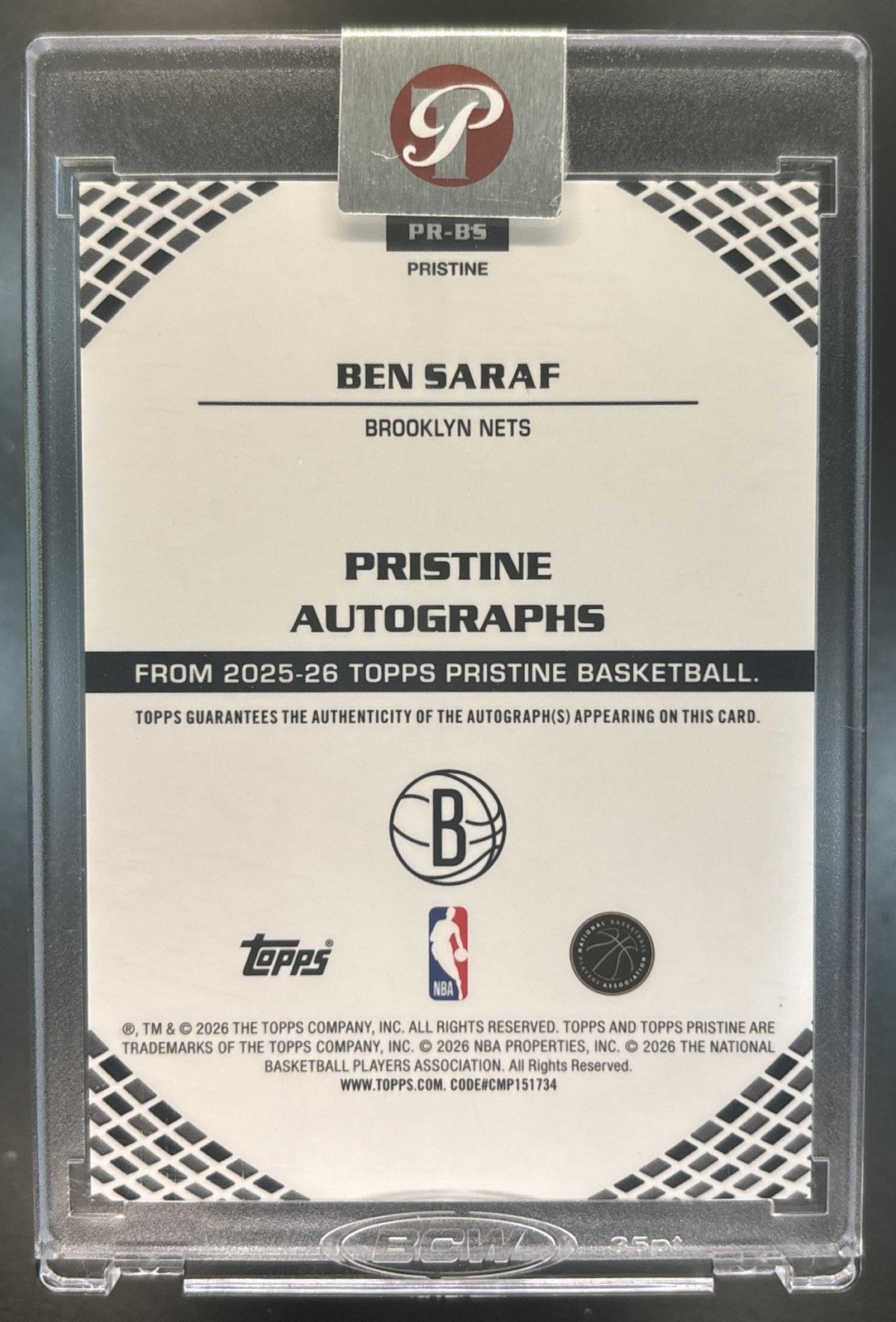 2025-26 Topps Pristine Ben Saraf Rookie Auto #PR-BS RC Brooklyn Nets