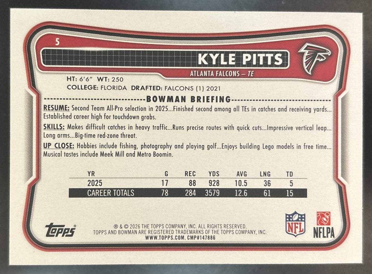 2026 Bowman Kyle Pitts Orange /25 #5 Atlanta Falcons