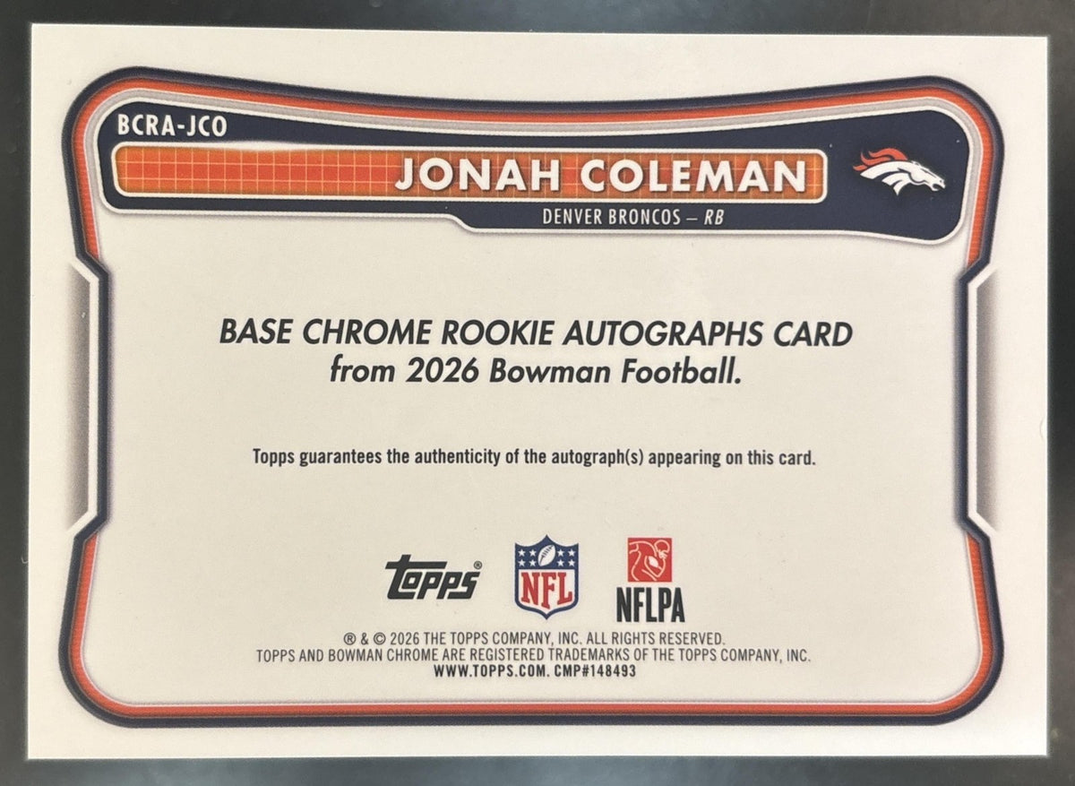2026 Bowman Jonah Coleman Chrome Auto Green /99 #BCRA-JCO RC Denver Broncos