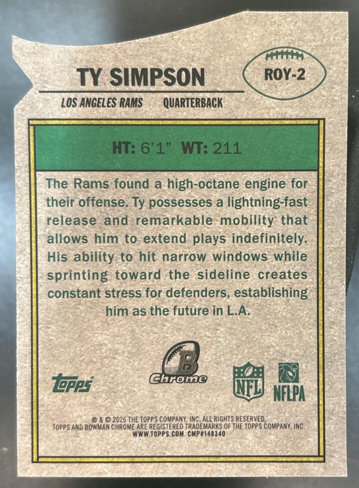2026 Bowman Ty Simpson Chrome ROY Favorites Pink /250 #ROY-2 RC Los Angeles Rams
