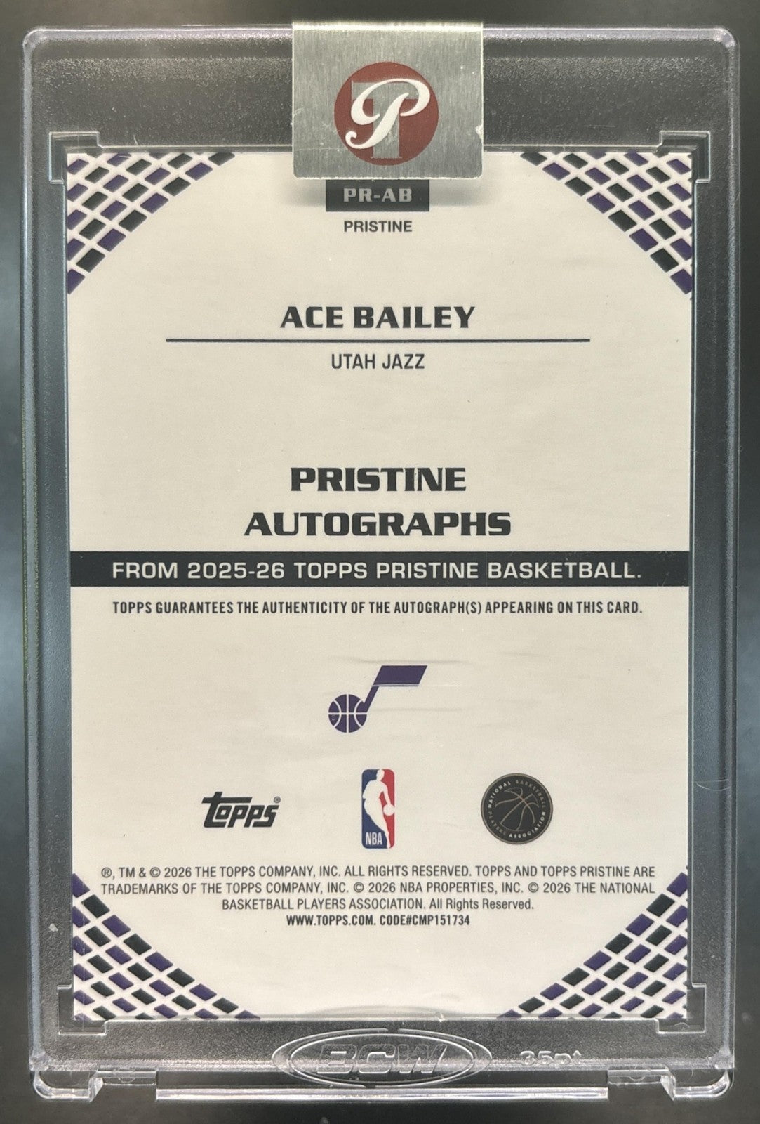2025-26 Topps Pristine Ace Bailey Rookie Auto #PR-AB RC Utah Jazz