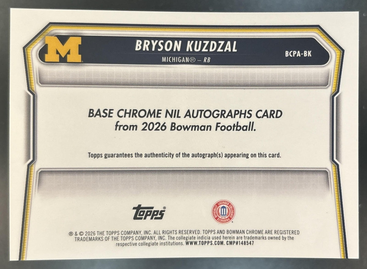 2026 Bowman Bryson Kuzdzal Chrome Auto #BCPA-BK 1st Prospect Michigan Wolverines