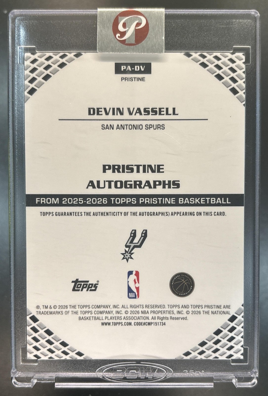 2025-26 Topps Pristine Devin Vassell Auto #PA-DV San Antonio Spurs