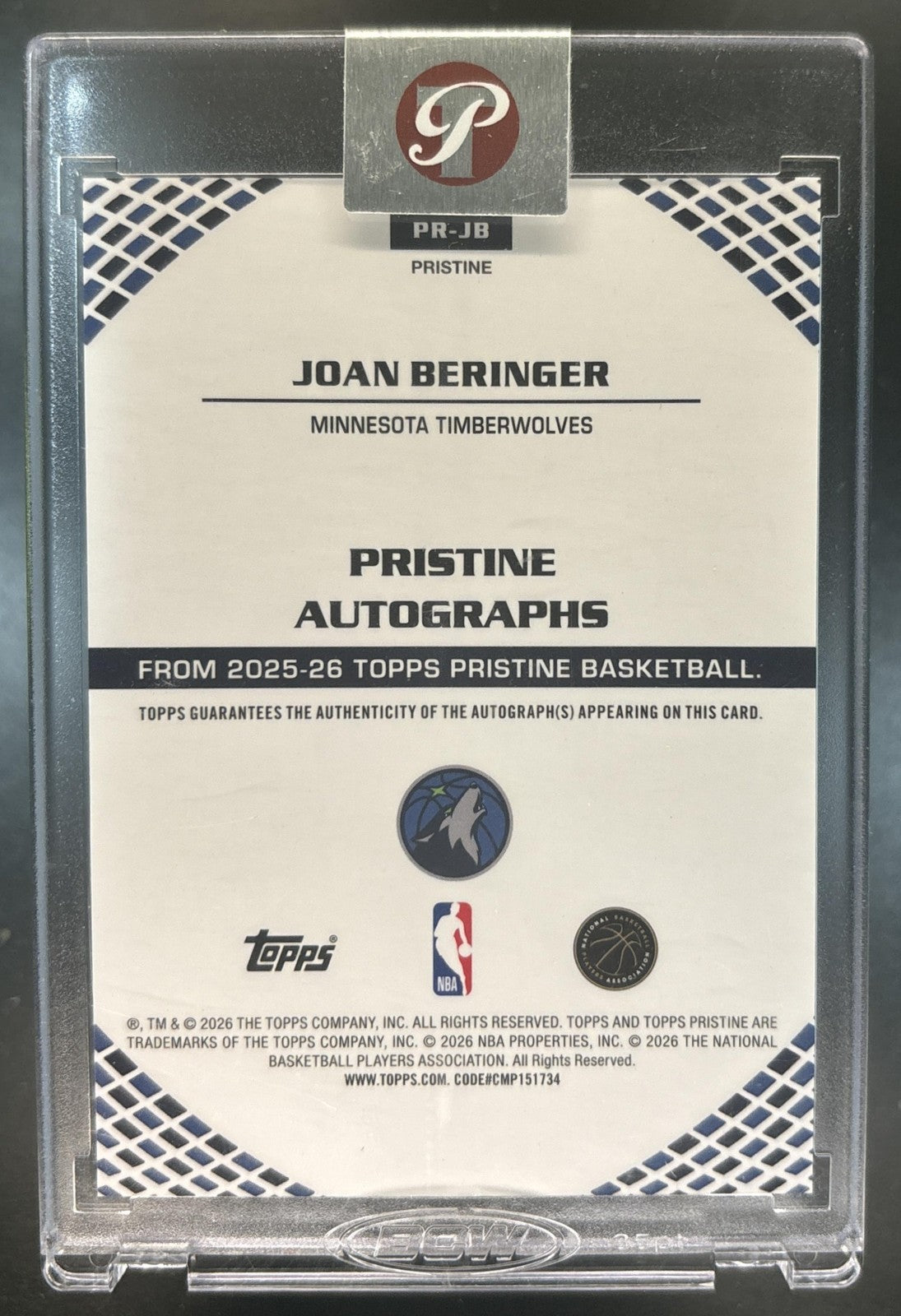2025-26 Topps Pristine Joan Beringer Auto Aqua /199 Minnesota Timberwolves
