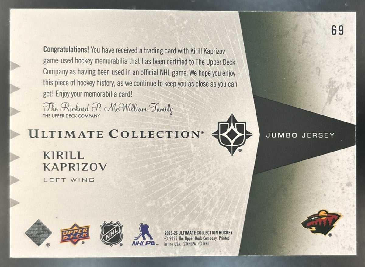 2025-26 Upper Deck Ultimate Collection Kirill Kaprizov Jumbo Jersey /199
