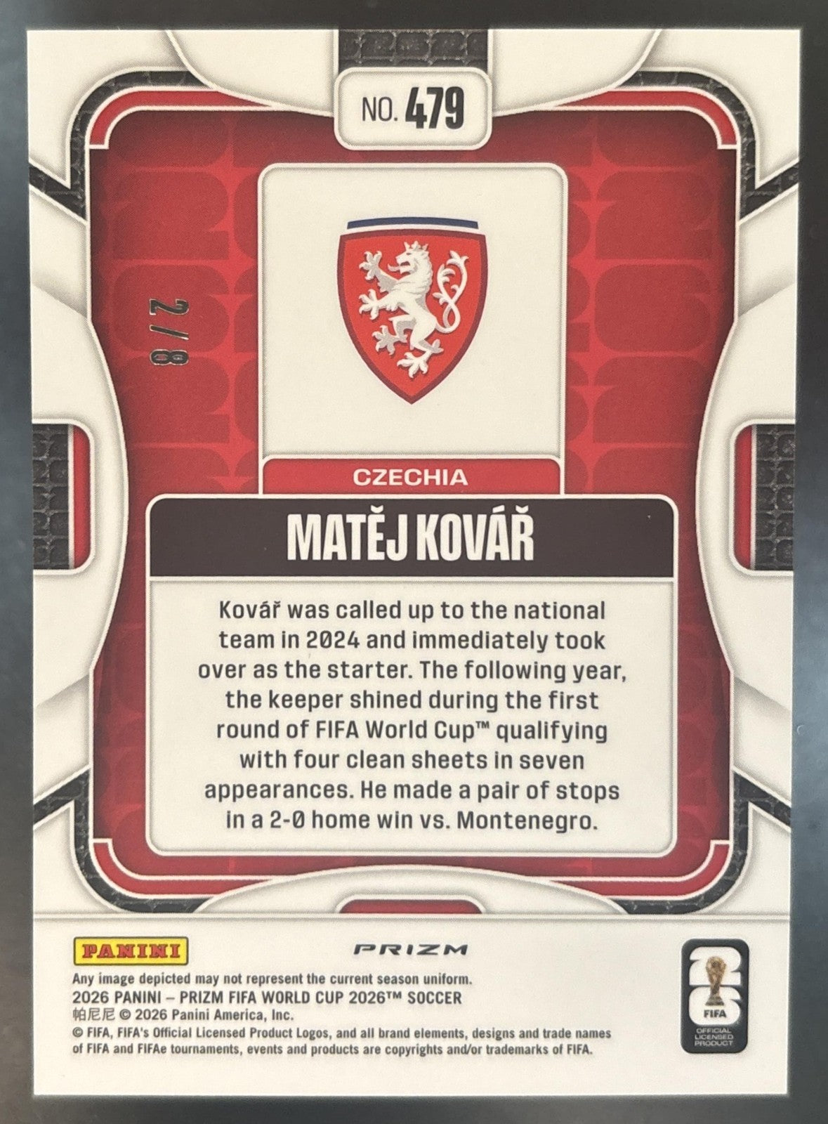 2026 Panini Prizm World Cup Matej Kovar Black and Gold Wave /8 #479 Czechia