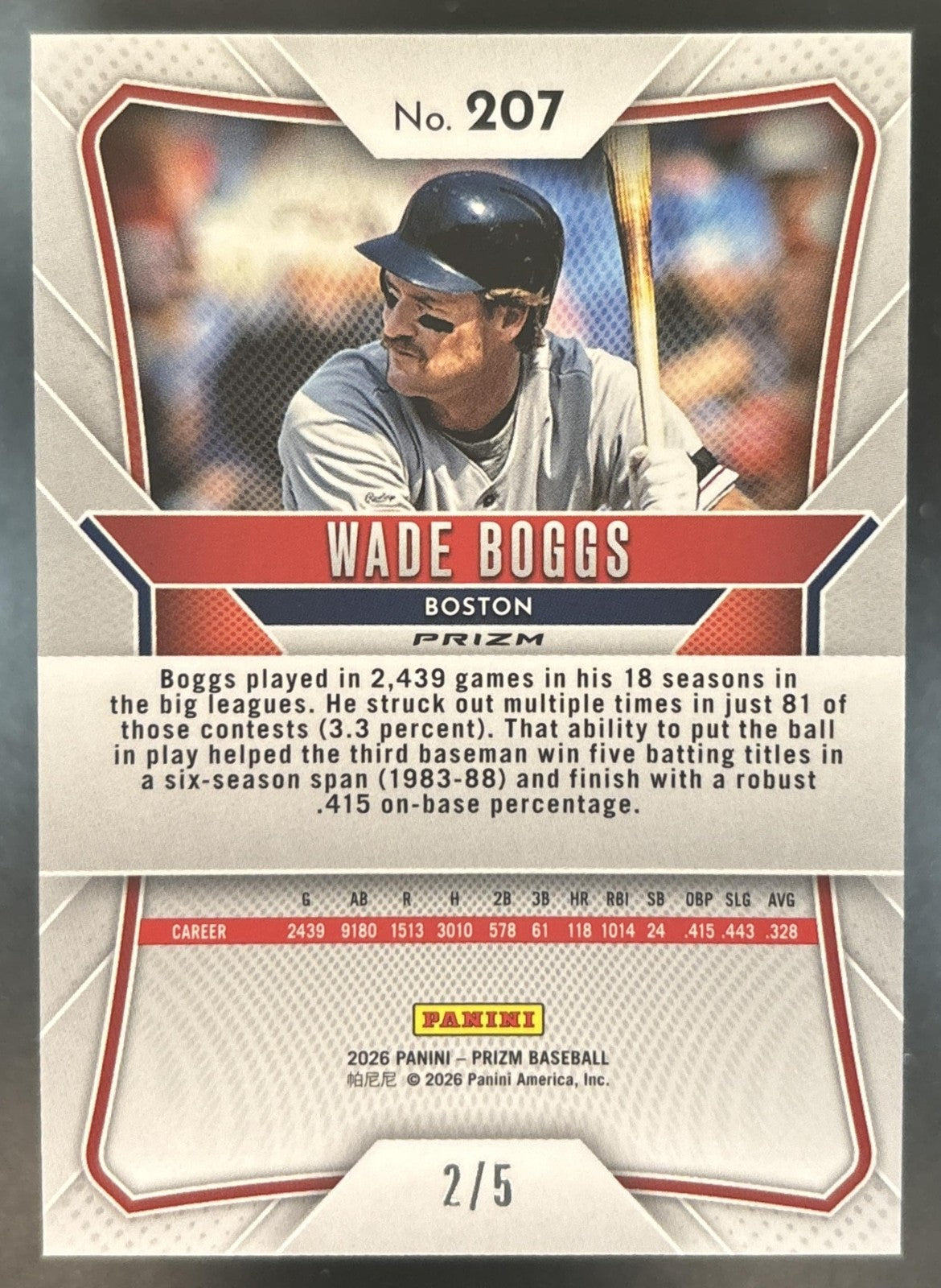 2026 Panini Prizm Wade Boggs Black Gold /5 #207 Boston Red Sox