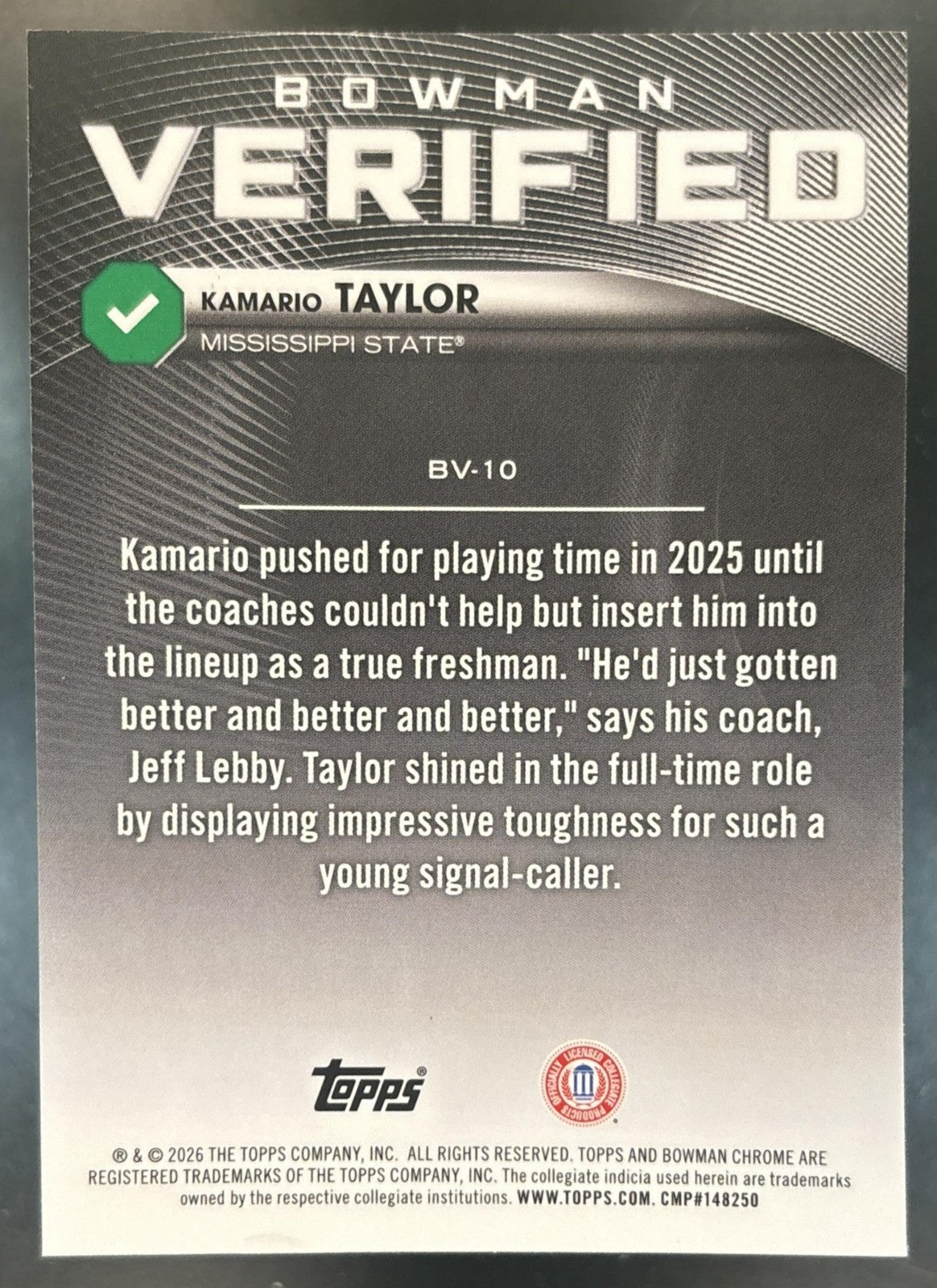 2026 Bowman Kamario Taylor Verified Chrome Green /99 Mississippi State Bulldogs