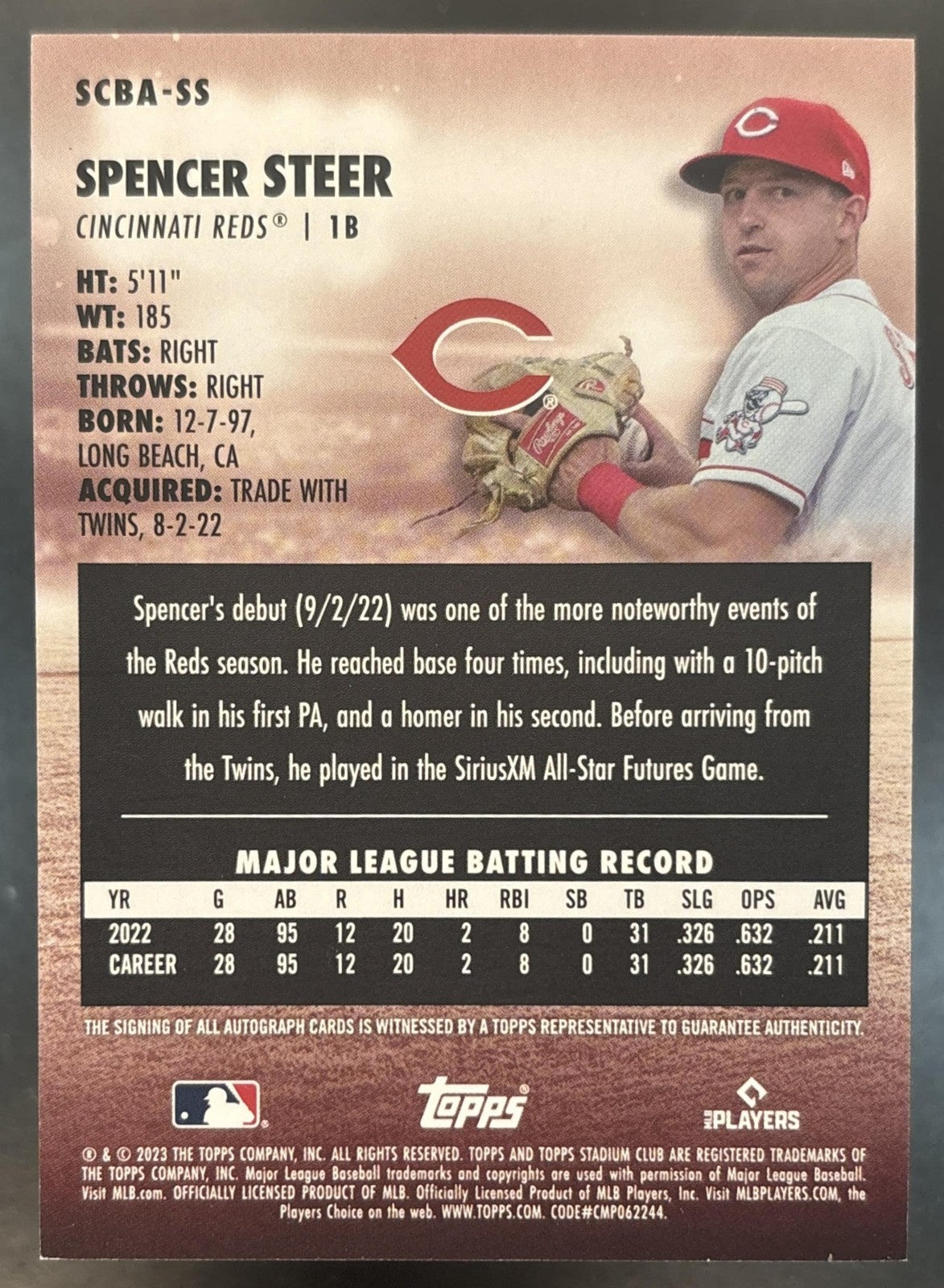 2023 Topps Stadium Club Spencer Steer Auto #SCBA-SS RC Cincinnati Reds