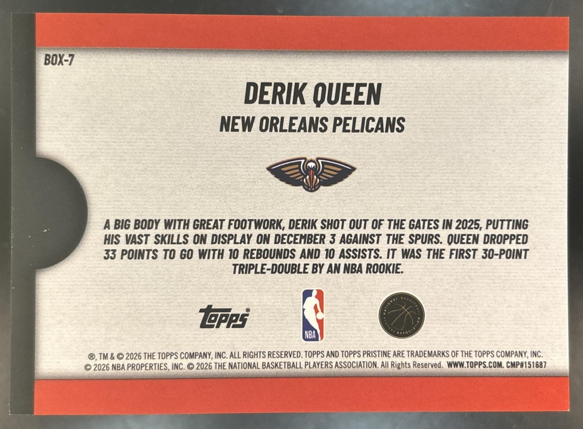 2025-26 Topps Pristine Derik Queen Fresh Out of the Box Gold /50 RC Pelicans