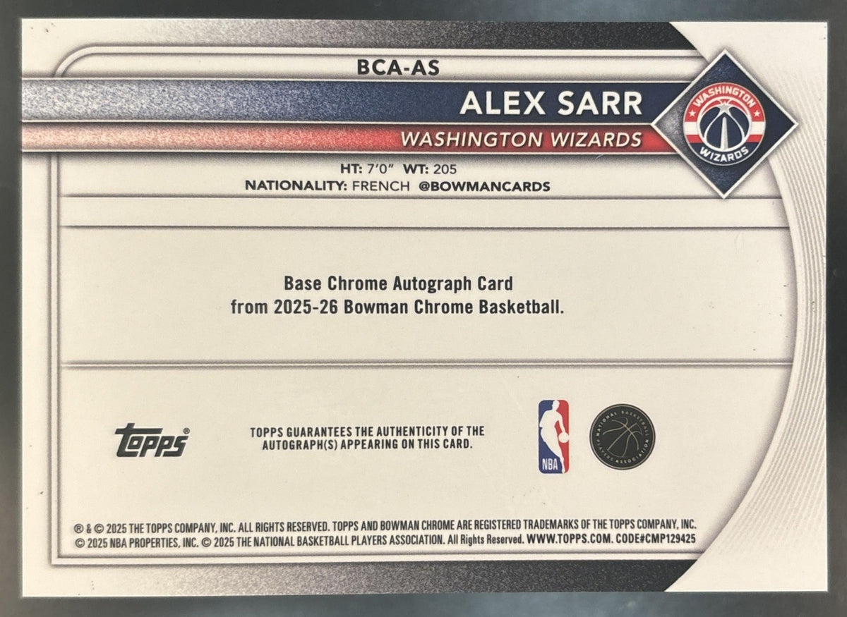 2025-26 Bowman Alex Sarr Chrome Auto Reptilian Green /99 Washington Wizards