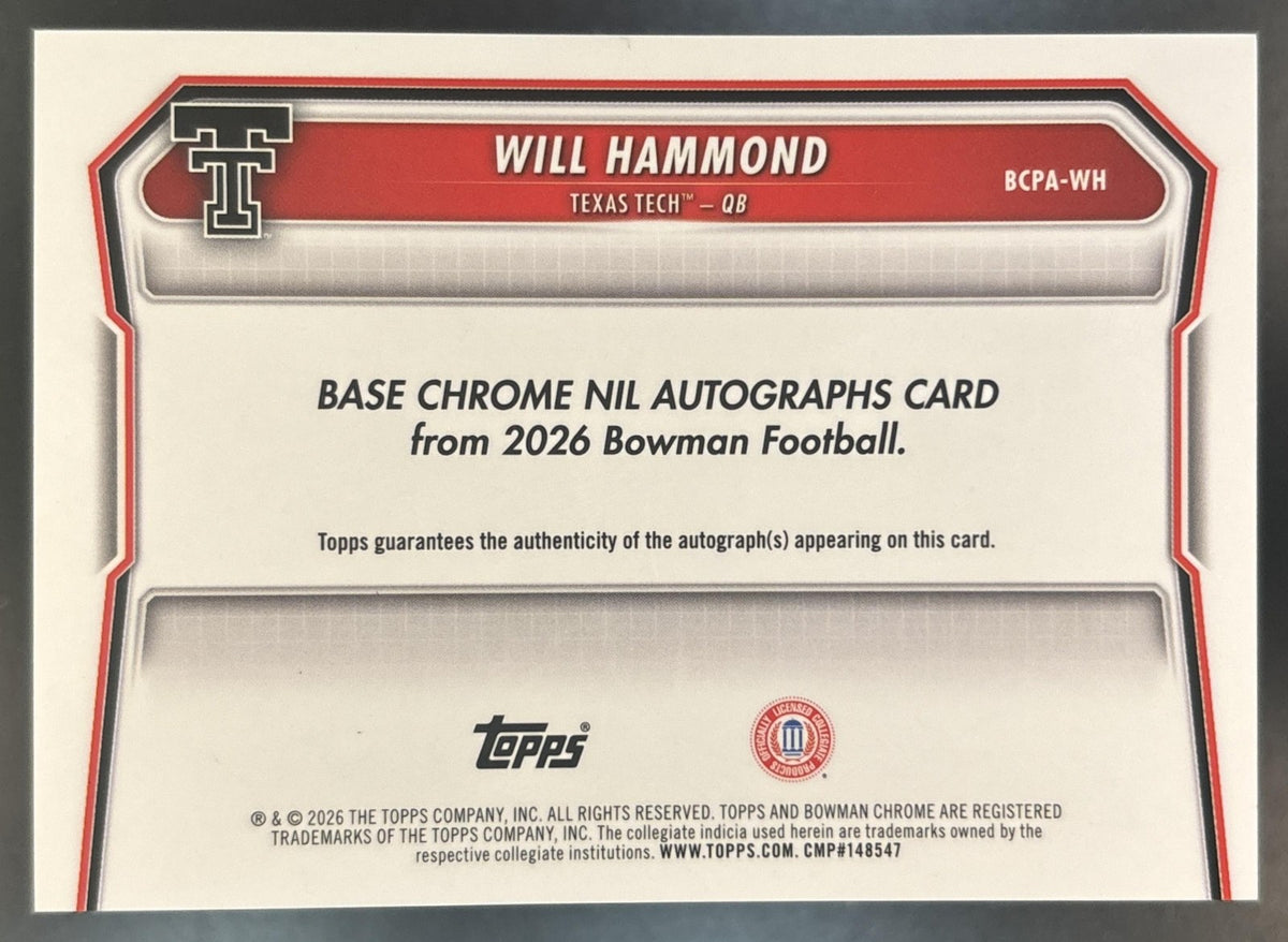 2026 Bowman Will Hammond Chrome Auto Blue Mojo /150 1st Prospect Red Raiders