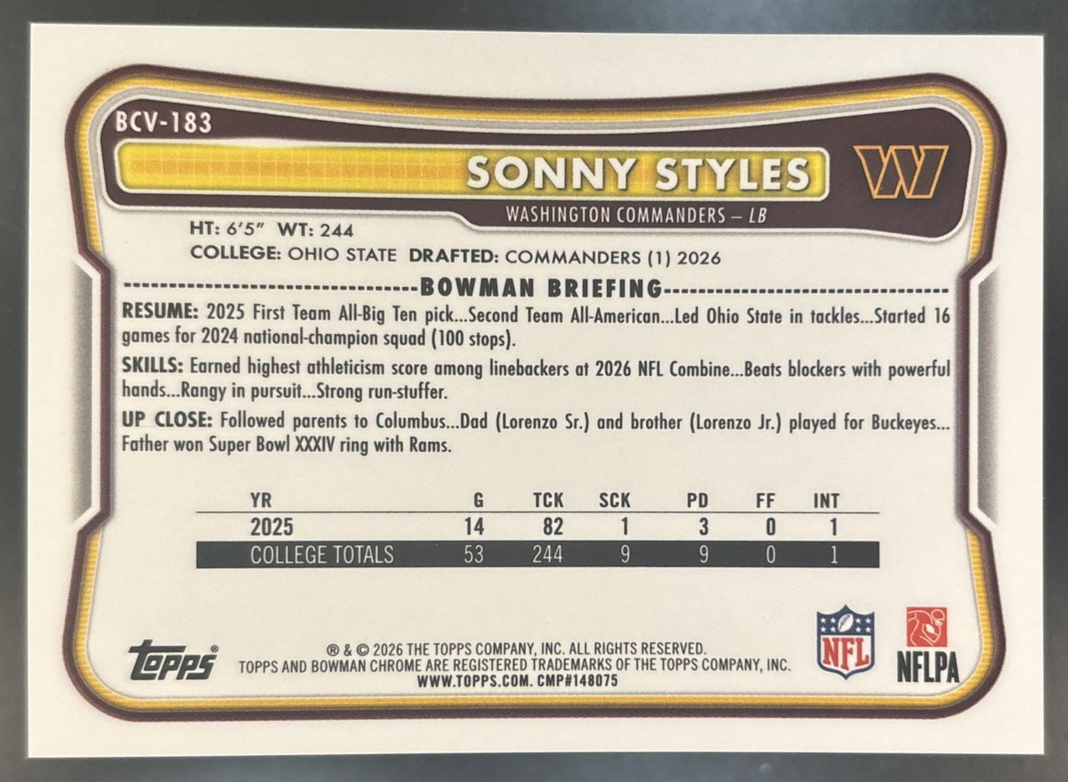 2026 Bowman Sonny Styles Chrome NFL Blue Reptilian /150 #BCV-183 RC Commanders