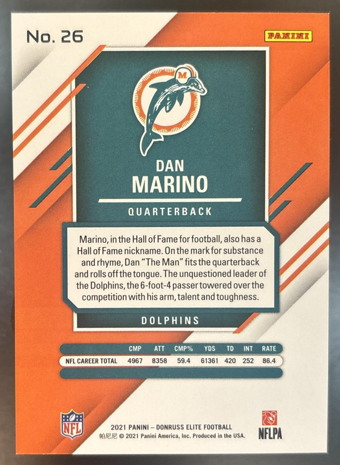 2021 Panini Donruss Elite Dan Marino Blue /10 #26 Miami Dolphins