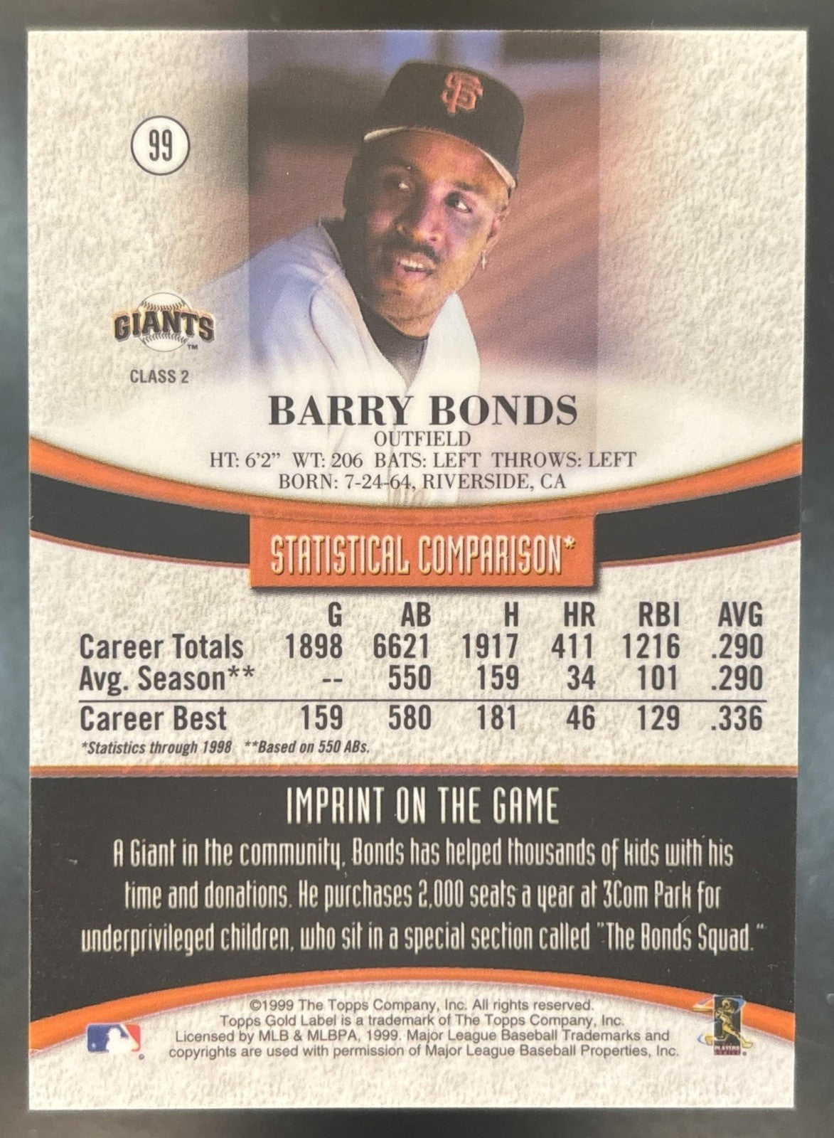 1999 Topps Gold Label Barry Bonds Class 2 #99 San Francisco Giants