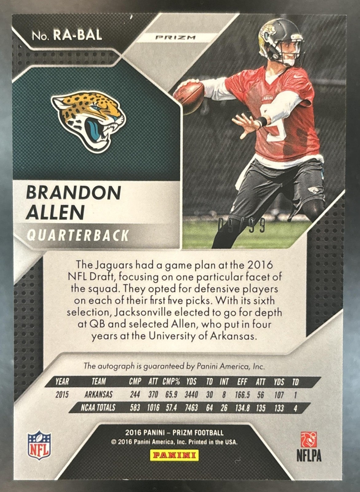 2016 Panini Prizm Brandon Allen Rookie Auto Purple Scope /99 RC Jaguars
