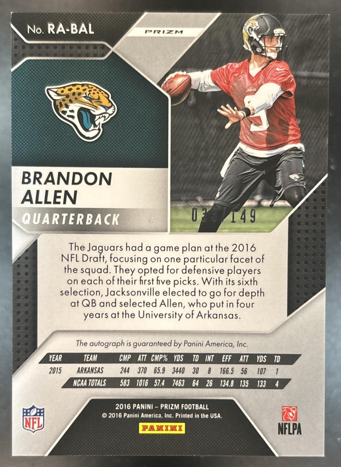 2016 Panini Prizm Brandon Allen Rookie Auto Wave /149 RC Jacksonville Jaguars