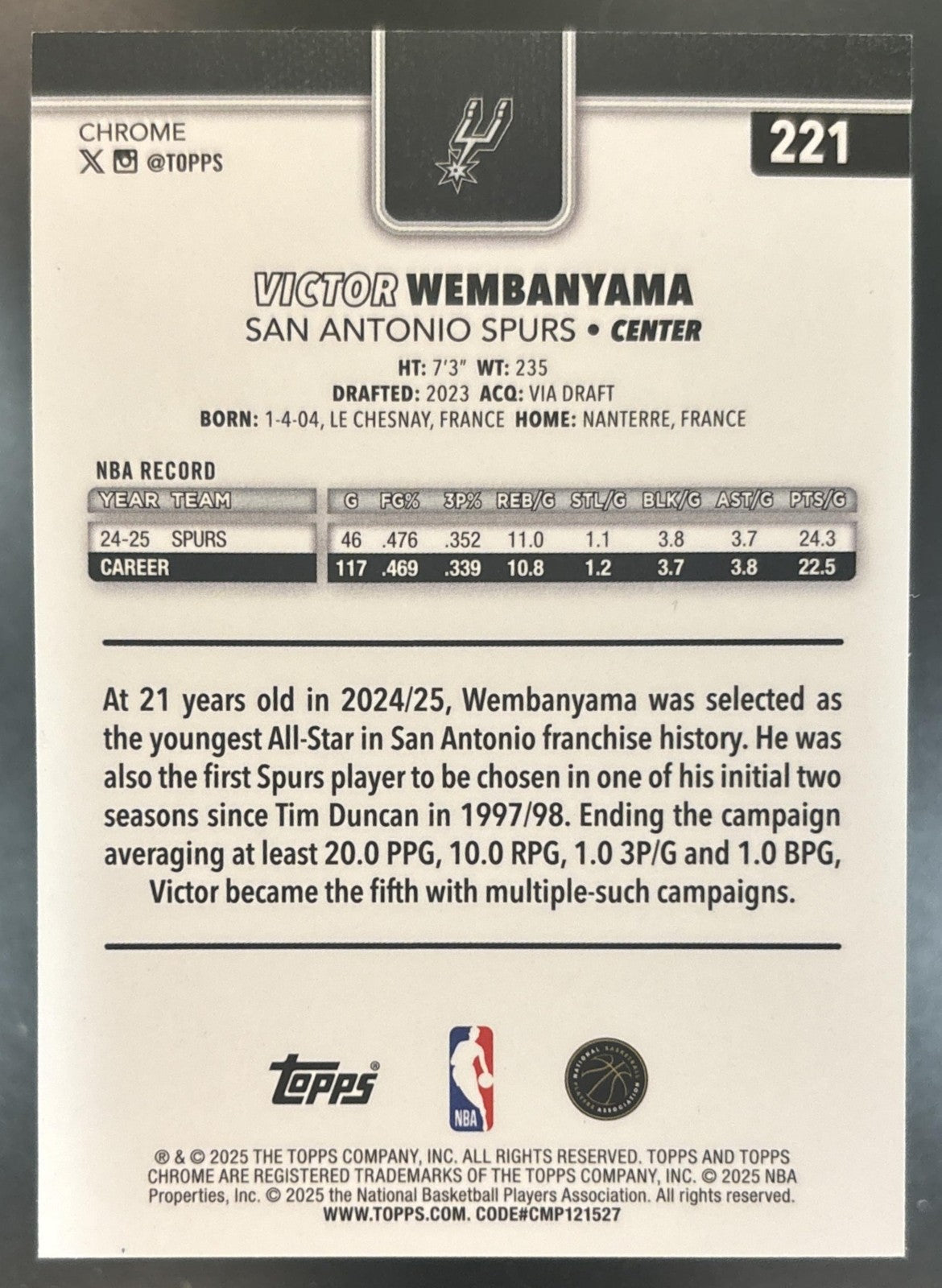 2025-26 Topps Chrome Victor Wembanyama Basketball Refractor #221 Spurs
