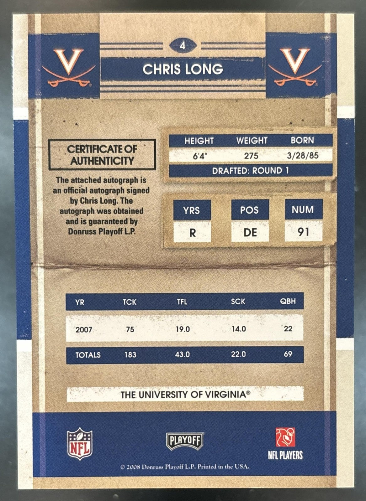 2008 Playoff Contenders Chris Long College Rookie Ticket Auto #4 RC
