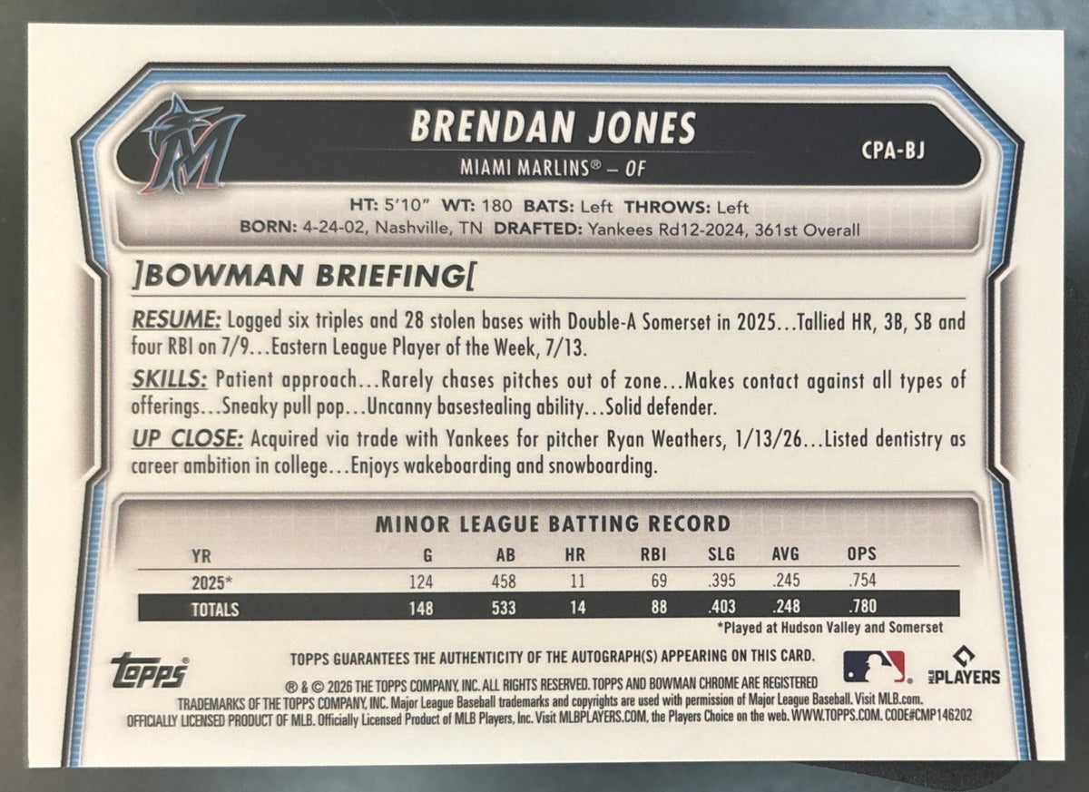 2026 Bowman Chrome Brendan Jones Auto Packfractor Vari /89 1st Prospect Marlins