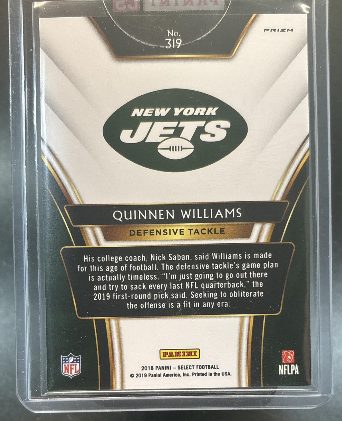 2018 Panini Select Quinnen Williams 2019 XRC Prizm Redemption #319 New York Jets