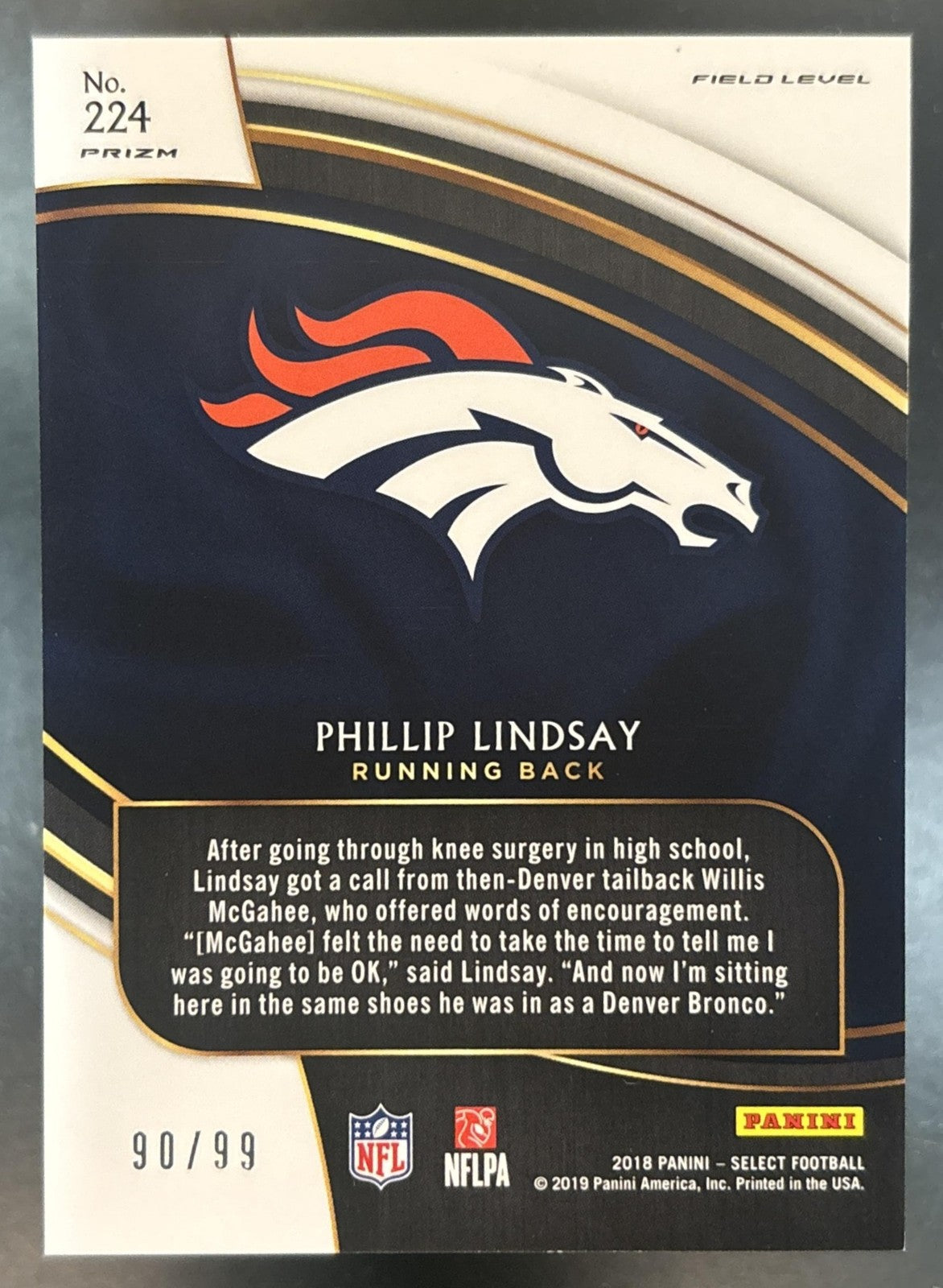 2018 Panini Select Phillip Lindsay Tri Color Prizm /99 #224 RC Denver Broncos