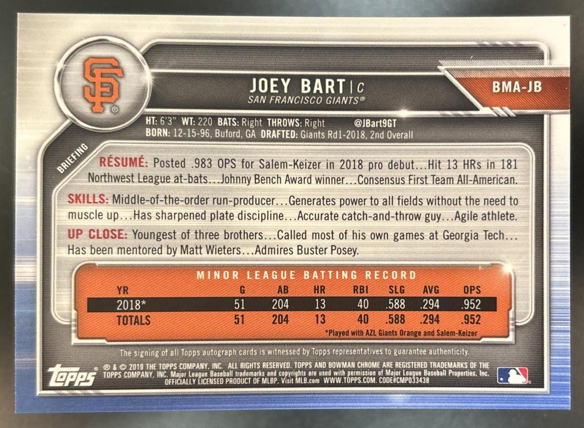 2019 Bowman Joey Bart Chrome Prospect Auto Mega Box Mojo Green Refractor /99