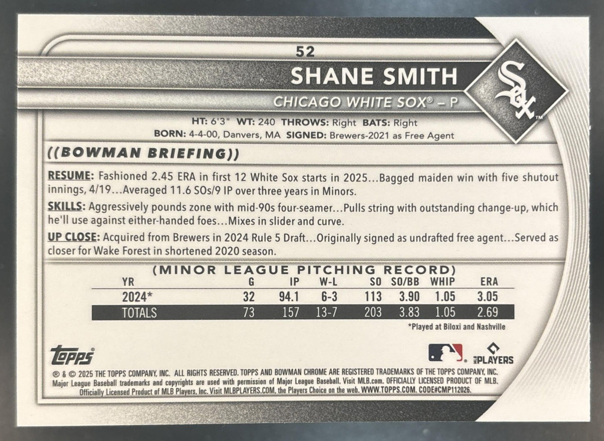 2025 Bowman Chrome Shane Smith Aqua RayWave /199 #52 RC Chicago White Sox