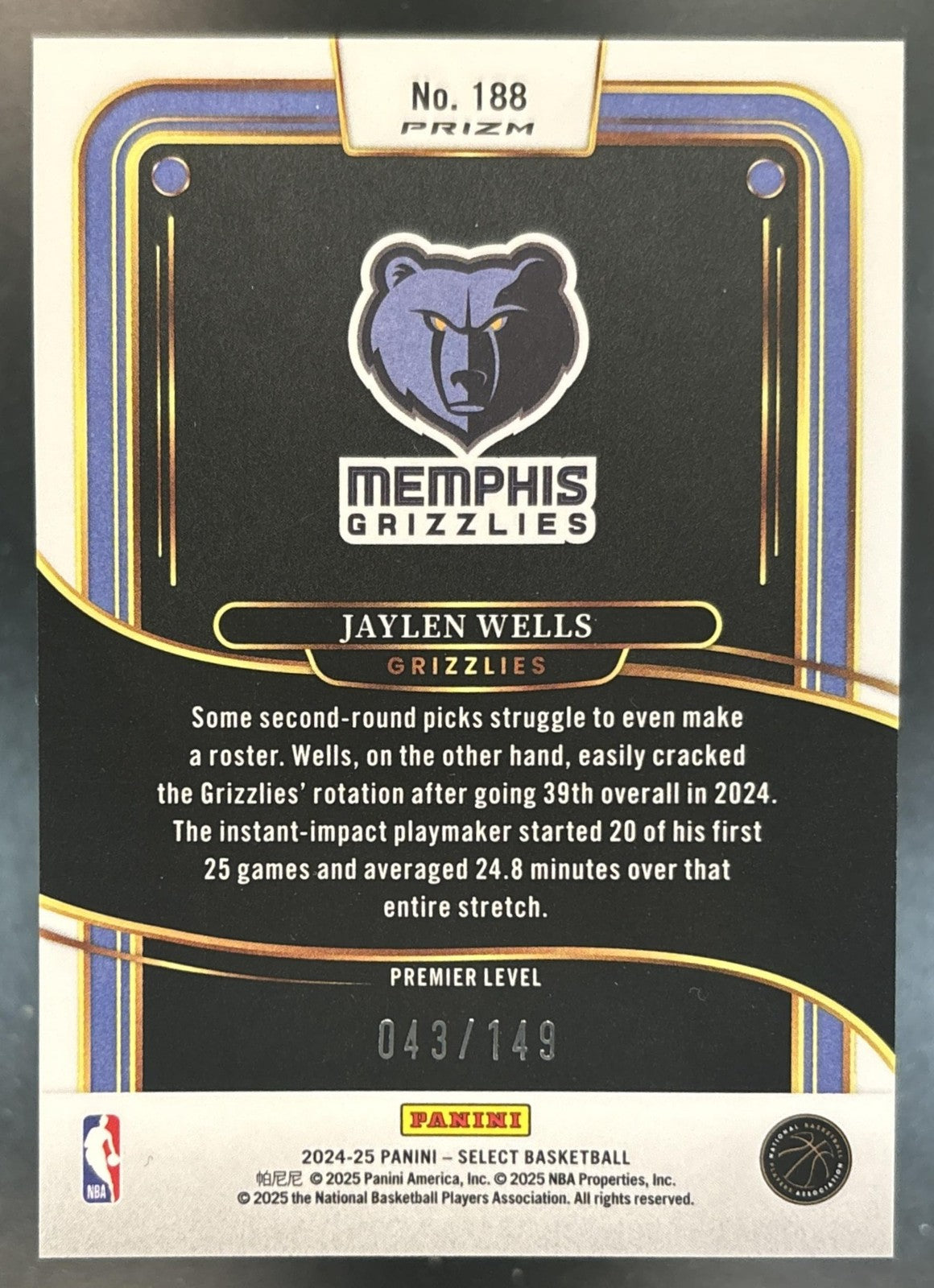 2024-25 Panini Select Jaylen Wells Premier White Prizm /149 #188 RC Grizzlies